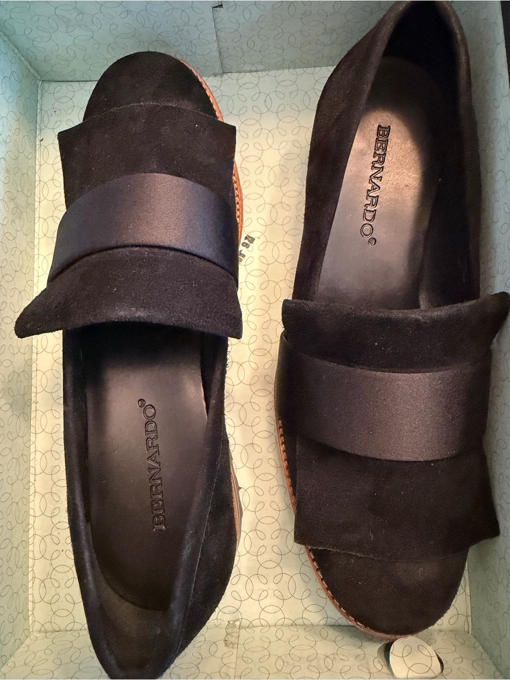 Bernardo Black Suede Slip-On Loafers with Satin Band